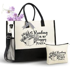 InnoBeta Book Lovers Gifts for Women, Funny Reading Gifts Tote Bag for Book Worms, Readers, Librarians, Literary Lover with Makeup Bag Top Zipper Closure on Birthday, Christmas - Happy