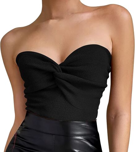 Women's Sexy Crop Tops Strapless Twisted Front Ribbed Knit Tube Top Sleeveless Sweetheart Neck Y2K Camisole Tank Top in Kuwait