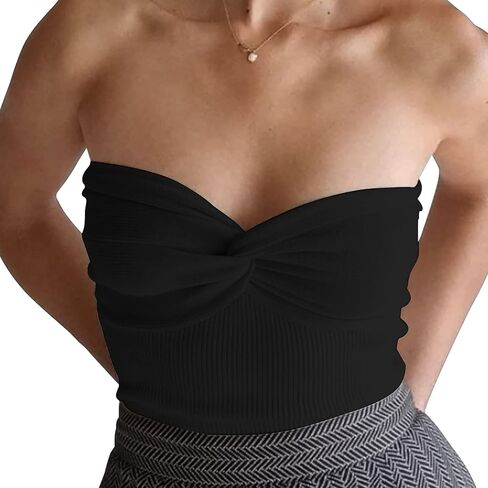 Women's Sexy Crop Tops Strapless Twisted Front Ribbed Knit Tube Top Sleeveless Sweetheart Neck Y2K Camisole Tank Top in Kuwait
