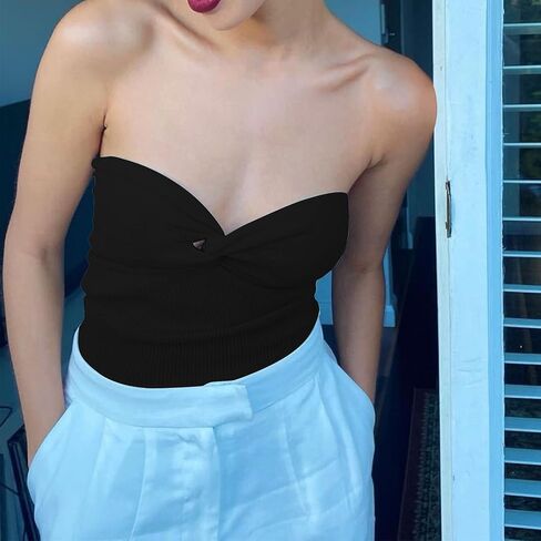 Women's Sexy Crop Tops Strapless Twisted Front Ribbed Knit Tube Top Sleeveless Sweetheart Neck Y2K Camisole Tank Top in Kuwait