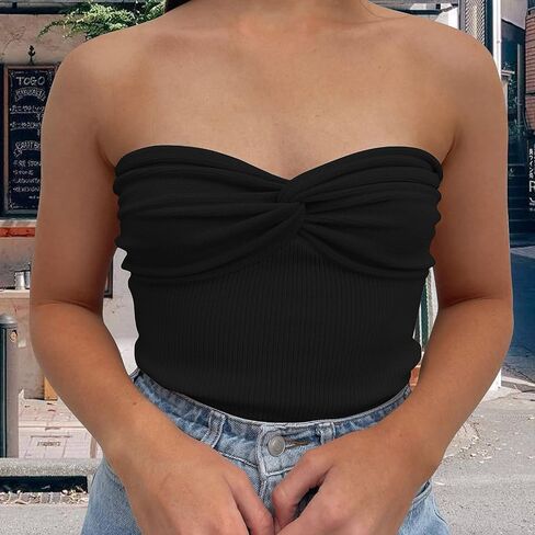 Women's Sexy Crop Tops Strapless Twisted Front Ribbed Knit Tube Top Sleeveless Sweetheart Neck Y2K Camisole Tank Top in Kuwait
