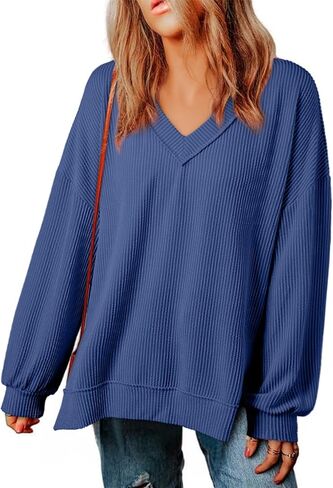 EVALESS Womens Long Sleeve Shirts Casual V Neck Lightweight Oversized Tee T-Shirts Tops in Saudi Arabia