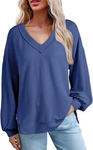 EVALESS Womens Long Sleeve Shirts Casual V Neck Lightweight Oversized Tee T-Shirts Tops in Saudi Arabia