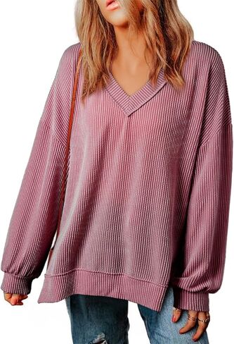 EVALESS Womens Long Sleeve Shirts Casual V Neck Lightweight Oversized Tee T-Shirts Tops in Saudi Arabia