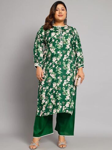 كورتا نسائية مطبوعة بمقاس كبير باللونين الأخضر والوردي الفاتح من Tissu مع Palazzo in Kuwait