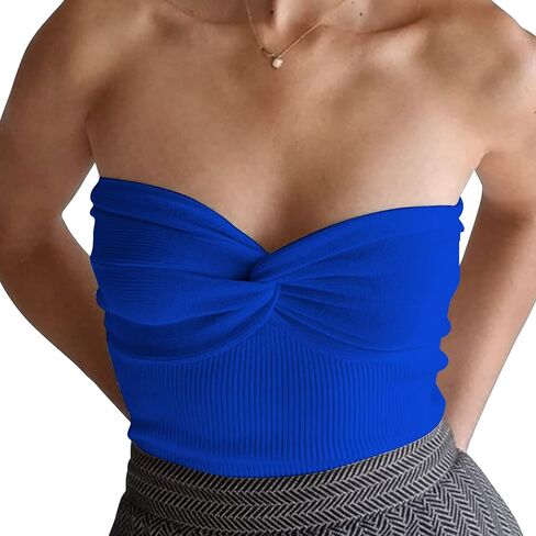 Women's Sexy Crop Tops Strapless Twisted Front Ribbed Knit Tube Top Sleeveless Sweetheart Neck Y2K Camisole Tank Top in Kuwait