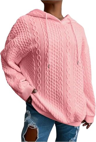 Women's Plus Size Textured Long Sleeve Hoodie Drop Shoulder Drawstring Hooded Pullover Sweatshirts in Saudi Arabia