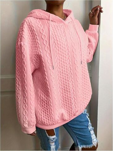 Women's Plus Size Textured Long Sleeve Hoodie Drop Shoulder Drawstring Hooded Pullover Sweatshirts in Saudi Arabia