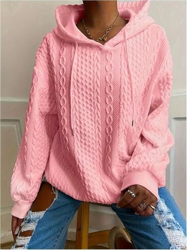 Women's Plus Size Textured Long Sleeve Hoodie Drop Shoulder Drawstring Hooded Pullover Sweatshirts in Saudi Arabia