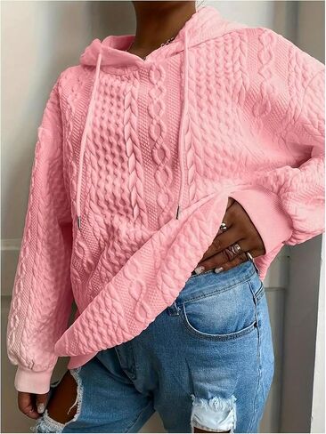 Women's Plus Size Textured Long Sleeve Hoodie Drop Shoulder Drawstring Hooded Pullover Sweatshirts in Saudi Arabia