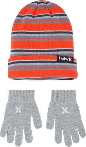 Hurley Boy's Striped Beanie and Gloves 2 Piece Set (Obsidian(9A7115-695)/Orange, 8-20) in Saudi Arabia