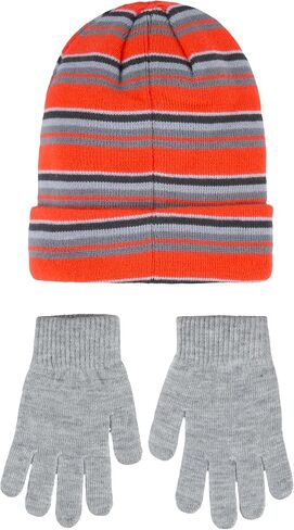 Hurley Boy's Striped Beanie and Gloves 2 Piece Set (Obsidian(9A7115-695)/Orange, 8-20) in Saudi Arabia