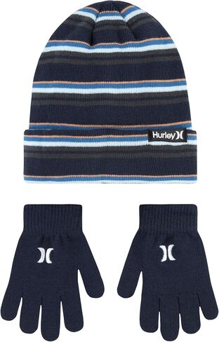 Hurley Boy's Striped Beanie and Gloves 2 Piece Set (Obsidian(9A7115-695)/Orange, 8-20) in Saudi Arabia