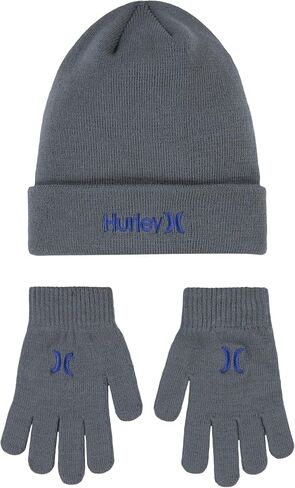 Hurley Boy's Striped Beanie and Gloves 2 Piece Set (Obsidian(9A7115-695)/Orange, 8-20) in Saudi Arabia