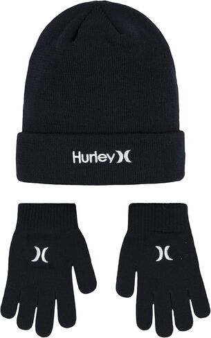 Hurley Boy's Striped Beanie and Gloves 2 Piece Set (Obsidian(9A7115-695)/Orange, 8-20) in Saudi Arabia