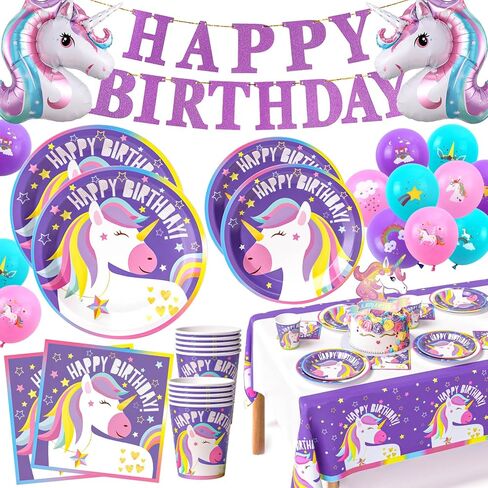 لوازم حفلات وينرايك يونيكورن ديكورات أعياد الميلاد للفتيات، مجموعة أدوات مائدة أحادية القرن للاستعمال مرة واحدة مع أطباق وأكواب ومناديل مفرش طاولة ولافتة بالون وحيد القرن، للأطفال بألوان قوس قزح وديكورات حفلات بطابع وحيد القرن in Kuwait