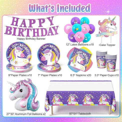 لوازم حفلات وينرايك يونيكورن ديكورات أعياد الميلاد للفتيات، مجموعة أدوات مائدة أحادية القرن للاستعمال مرة واحدة مع أطباق وأكواب ومناديل مفرش طاولة ولافتة بالون وحيد القرن، للأطفال بألوان قوس قزح وديكورات حفلات بطابع وحيد القرن in Kuwait