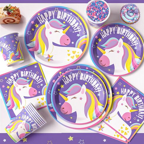 لوازم حفلات وينرايك يونيكورن ديكورات أعياد الميلاد للفتيات، مجموعة أدوات مائدة أحادية القرن للاستعمال مرة واحدة مع أطباق وأكواب ومناديل مفرش طاولة ولافتة بالون وحيد القرن، للأطفال بألوان قوس قزح وديكورات حفلات بطابع وحيد القرن in Kuwait