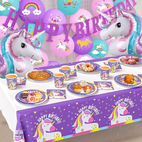 لوازم حفلات وينرايك يونيكورن ديكورات أعياد الميلاد للفتيات، مجموعة أدوات مائدة أحادية القرن للاستعمال مرة واحدة مع أطباق وأكواب ومناديل مفرش طاولة ولافتة بالون وحيد القرن، للأطفال بألوان قوس قزح وديكورات حفلات بطابع وحيد القرن in Kuwait