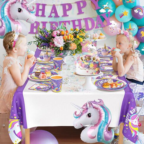 لوازم حفلات وينرايك يونيكورن ديكورات أعياد الميلاد للفتيات، مجموعة أدوات مائدة أحادية القرن للاستعمال مرة واحدة مع أطباق وأكواب ومناديل مفرش طاولة ولافتة بالون وحيد القرن، للأطفال بألوان قوس قزح وديكورات حفلات بطابع وحيد القرن in Kuwait