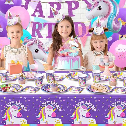 لوازم حفلات وينرايك يونيكورن ديكورات أعياد الميلاد للفتيات، مجموعة أدوات مائدة أحادية القرن للاستعمال مرة واحدة مع أطباق وأكواب ومناديل مفرش طاولة ولافتة بالون وحيد القرن، للأطفال بألوان قوس قزح وديكورات حفلات بطابع وحيد القرن in Kuwait