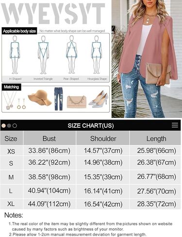 سترة Wyeysyt Cape Blazer للنساء بأكمام مقسمة مفتوحة من الأمام وسترة كاجوال مثيرة وفستان أنيق معطف الرأس (وردي-M) in Kuwait