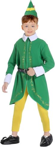 زي Budby The Elf للأطفال، بدلة قزم خضراء مع قبعة لحفلة عائلية لعيد الهالوين وعيد الميلاد in Kuwait