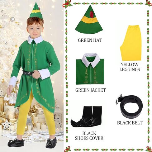 زي Budby The Elf للأطفال، بدلة قزم خضراء مع قبعة لحفلة عائلية لعيد الهالوين وعيد الميلاد in Kuwait