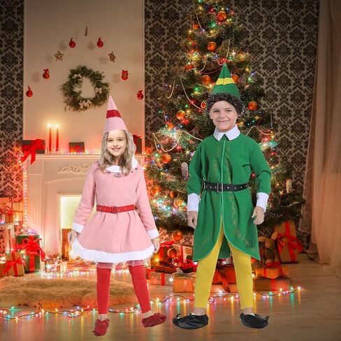 زي Budby The Elf للأطفال، بدلة قزم خضراء مع قبعة لحفلة عائلية لعيد الهالوين وعيد الميلاد in Kuwait