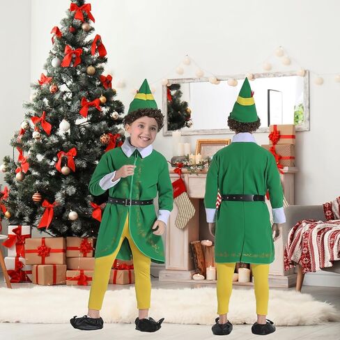 زي Budby The Elf للأطفال، بدلة قزم خضراء مع قبعة لحفلة عائلية لعيد الهالوين وعيد الميلاد in Kuwait