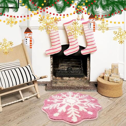 Christmas Bath Rugs for Bathroom - Pink Snowflake Shape Bathroom Rug,Soft and Absorbent Bath Mats,Non-Slip Rug for Shower Bath and Bedroom,Christmas Decoration Gifts(26in x 26in) in Saudi Arabia