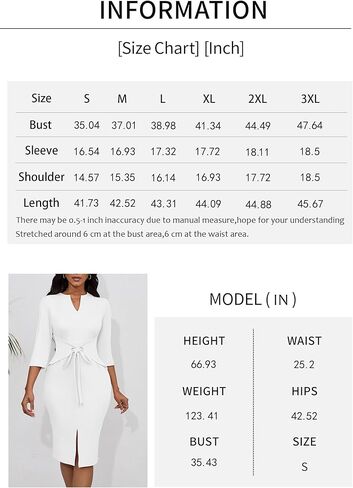 فساتين FANDEE النسائية الكلاسيكية 3/4 كم ورقبة على شكل حرف V Bodycon قلم رصاص متوسط ​​الطول فستان الكنيسة للعمل مع حزام in Kuwait