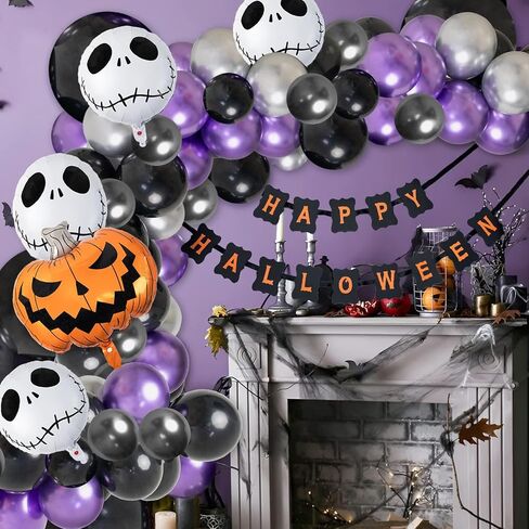 ديكورات حفلات عيد ميلاد الهالوين على شكل جمجمة - 141 قطعة من مجموعة قوس بالون أسود أرجواني مع بالونات جمجمة اليقطين لكابوس قبل عيد الميلاد، ويوم الموتى، وديكورات استحمام الطفل في الهالوين in Kuwait