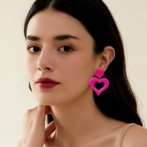 Handmade Hot Pink Heart Earrings Lightweight Heart Dangle Earrings For Women Dangling Heart Shaped Earrings Mother's Day Valentine's Day Gift in Kuwait