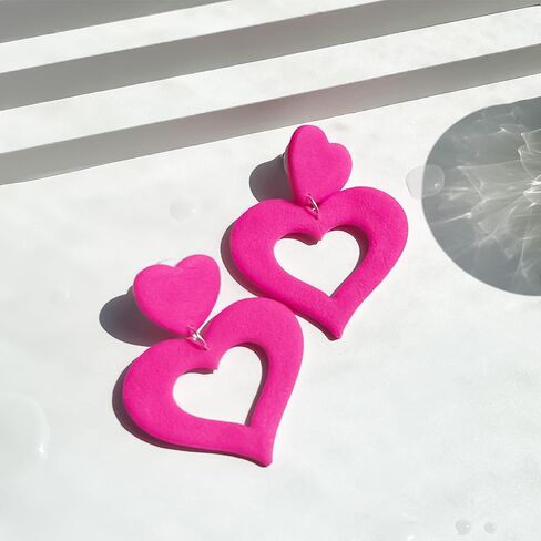 Handmade Hot Pink Heart Earrings Lightweight Heart Dangle Earrings For Women Dangling Heart Shaped Earrings Mother's Day Valentine's Day Gift in Kuwait