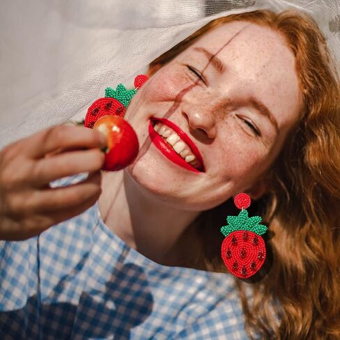 Beaded Dangle Earrings for Women Boho Cute Strawberry Watermelon Fruit Bead Drop Dangling Earrings Handmade Summer Beach Jewelry Gift for Women in Saudi Arabia
