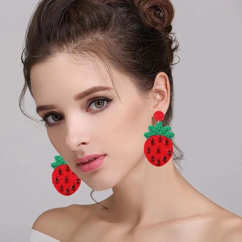 Beaded Dangle Earrings for Women Boho Cute Strawberry Watermelon Fruit Bead Drop Dangling Earrings Handmade Summer Beach Jewelry Gift for Women in Saudi Arabia