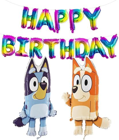 Toyland® Bluey & Bingo Balloon Pack - 2 x 80cm (32") Character Balloons & 1 x 16" Silver Happy Birthday Balloon Banner - Kids Party Decorations in Kuwait