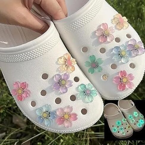 12Pcs Multicolour Luminous Cherry Blossoms Flower Shoe Charms For Shoes, Diy Glow In Dark Sandals Slipper Shoes Charm Decoration Accessories Buckle Pins Shoe Decoration Charms For Girls Favor Gifts in Saudi Arabia