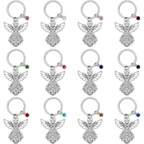 12Pcs Angel Keychain Memorial Key Chain Silver Angel Charm Keyring with Rhinestone for Women Men Religious Prayer or Blessing Gifts