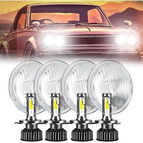 5.75 inch H5006 H5001 Glass Round Headlight Housing + H4/9003 Headlight Bulbs,4 set Reflector High/Low Beam Sealed Beam,Original Classic Look