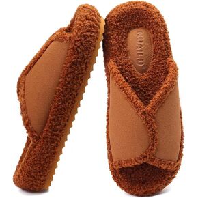 KUAILU Women Cozy Slippers Comfortable Suede Faux Fluff Warm Sherpa Lining House slippers for ladies Bedroom Memory Foam Cushioned Orthotic Open Toe Slides Thick Hard Sole Indoor&Outdoor (US Size 5-11)