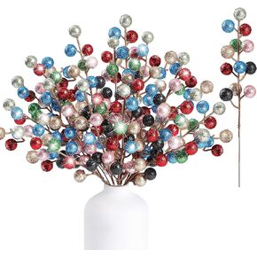 Sggvecsy 30Pcs Artificial Berry Stems Christmas Glitter Berries Stems Colorful Berry Picks Faux Holly Berry Branches Christmas Tree Ornaments for DIY Xmas Wreath Crafts Gifts Holiday Home Decor