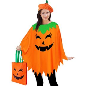 3 PCS Pumpkin Costume for Women Adults,Pumpkin Poncho With Pumpkin Knit Beret and Candy Bag,Halloween Costume Women