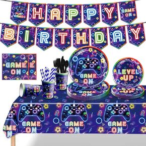 Video Game Party Supplies - 163Pcs Gamer Gaming Game On Party Tableware Set Decoration For Boys Birthday Party - Table Cover, Plates, Cups, Napkins, Utensils, Serves 20 Guests
