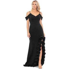 Xscape Long Scuba Crepe Cold Shoulder Ruffle Black 4