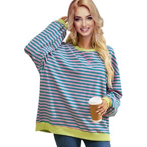 Women Oversized Striped Sweatshirt Long Sleeve Crewneck Tops Pullover Loose Workout Shirt in Kuwait