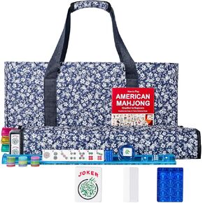 American Mahjong Set,166 Premium Acrylic Tiles with Blue Prints, 4 All-in-One Color Rack/Pushers, Complete Mahjong Game Set with Floral Blue Carrying Bag