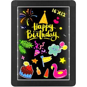 LED Message Writing Board, 2024 Upgrade 12"x16" Illuminated Erasable Lighted Chalkboard, Neon Effect Menu Sign Board with 10 Fluorescent Makers, 26 Flashing Modes for Kids Gifts Menu PromotionShopCafe