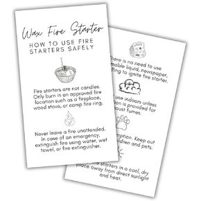 Wax Fire Starter Care Guide Instruction Card | 50pk 2x3.5" Soy Beeswax Pack Fire Pit Fragrant Cupcake Tins Containers Fir Spruce Crafters DIY Client Business Cards
